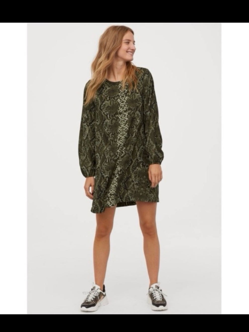 H&M Olive Snake-Print Long-Sleeve Mini Dress Wide-Cut size 8